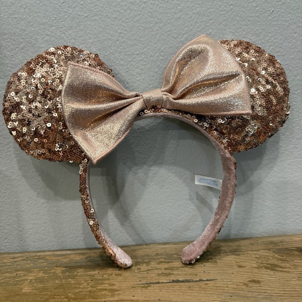 Disney Tokyo Parks 2019 Disneyland Rose Gold Sequin Bow Minnie Ears Headband